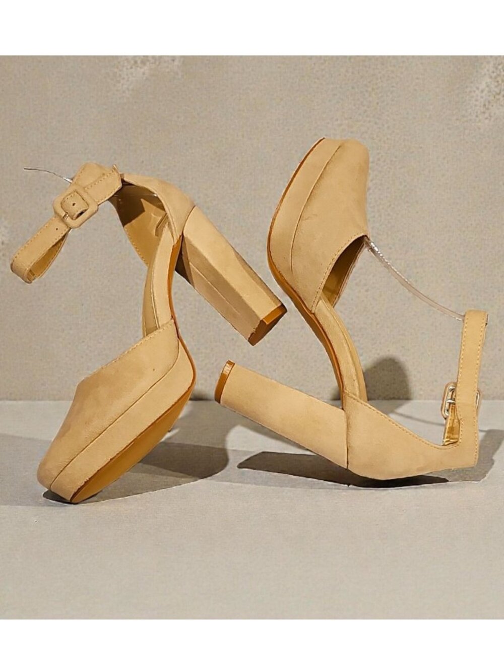 Nude Faux Suede Chunky Heel Platform Ankle Strap Pumps